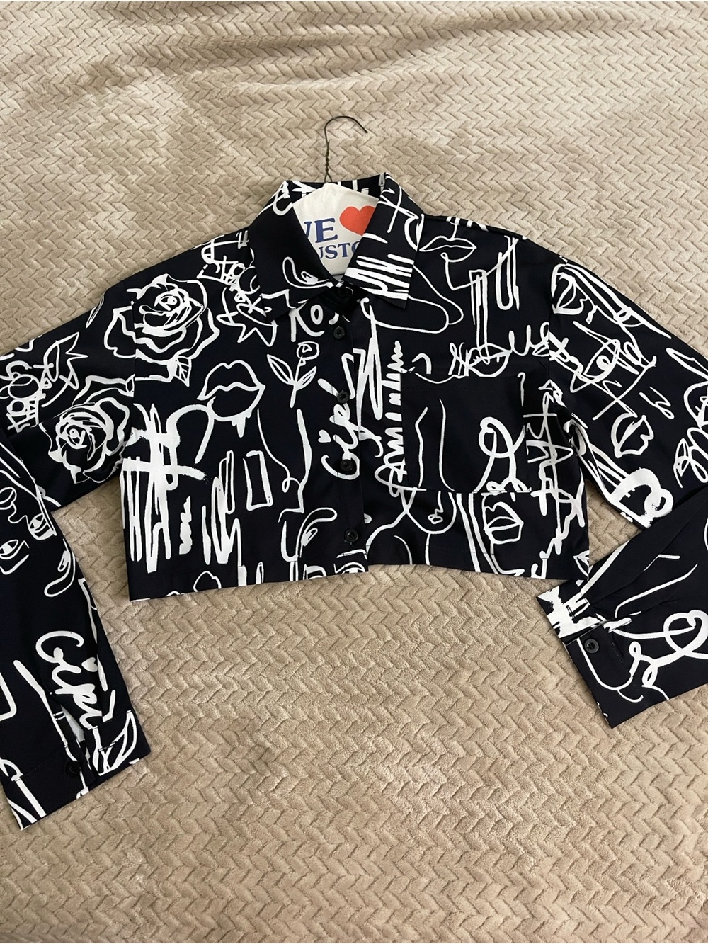Cropped Black & White Graphic Button-Up Jacket